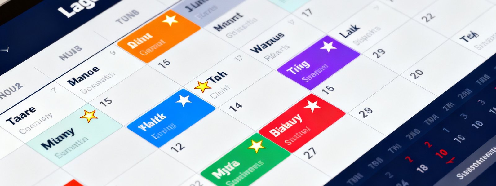 搜球吧赛程日历月视图界面，按月份展示各联赛比赛安排，不同联赛用不同颜色标记，已订阅的主队比赛带有星标高亮